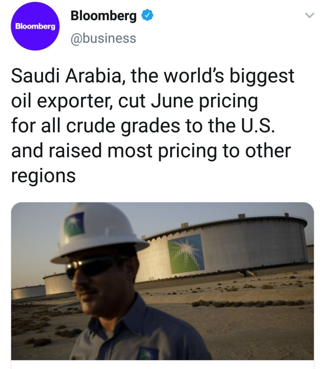 ▪️‏عربستان قیمت همه انواع نفت ارسالی‌اش به آمریکا را در ماه ژوئن کاهش داده و در عوض قیمت نفت برای مشتریان آسیایی‌اش را به بالاترین رقم طی سال‌های ۲۰۱۲ و ۲۰۱۳ برده است