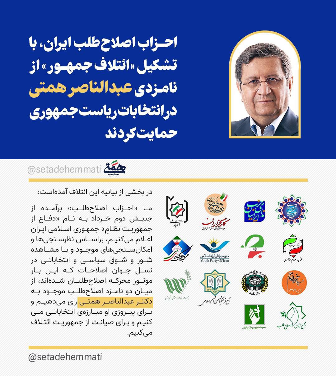 احزاب اصلاح‌طلب ایران، با تشکیل «ائتلاف جمهور» از نامزدی عبدالناصر همتی در انتخابات ریاست جمهوری حمایت کردند
