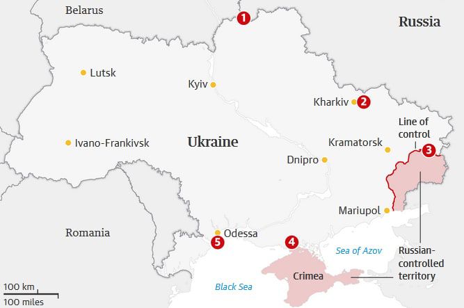 ۵ نقطه ای که امروز گزارش هایی درباره درگیری زمینی نیروهای روسیه و اوکراین گزارش شده است