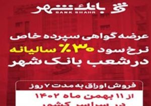 آغاز عرضه گواهی سپرده خاص با نرخ سود علی الحساب ۳۰ درصد سالیانه در شعب بانک شهر