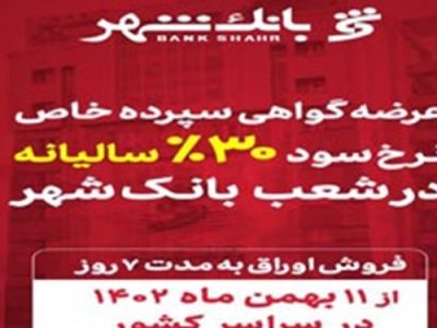 آغاز عرضه گواهی سپرده خاص با نرخ سود علی الحساب ۳۰ درصد سالیانه در شعب بانک شهر